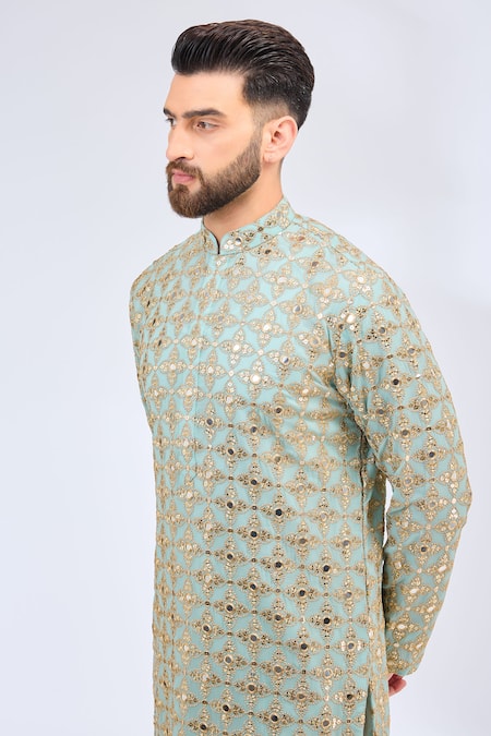 Buy_Kasbah_Blue Georgette Mirrors, Zari And Embroidered Kurta _Online_at_Aza_Fashions
