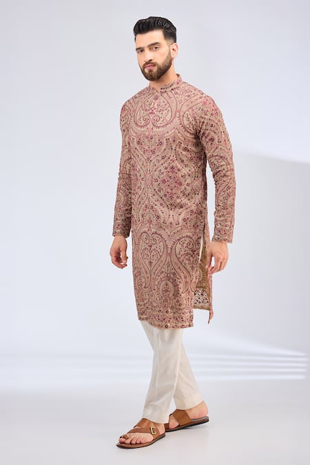 Kasbah_Beige Georgette Embroidery Kashmiri Floral Kurta _Online_at_Aza_Fashions