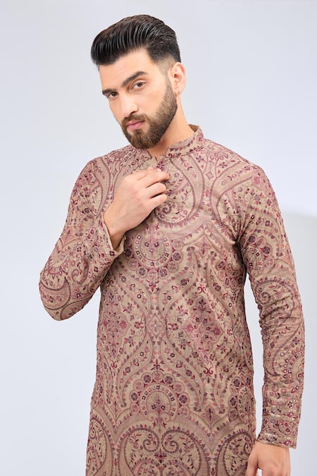 Buy_Kasbah_Beige Georgette Embroidery Kashmiri Floral Kurta _Online_at_Aza_Fashions