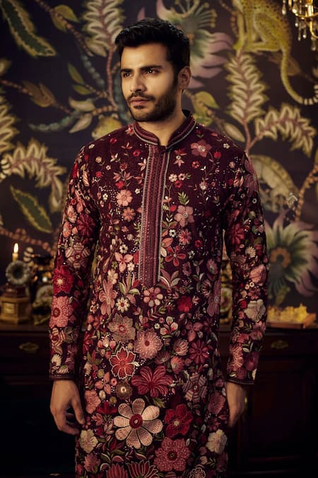 Kasbah Wine Georgette Embroidery, Sequins Floral Kurta Online at Aza Fashions Kasbah_Wine Georgette Embroidery, Sequins Floral Kurta _Online_at_Aza_Fashions