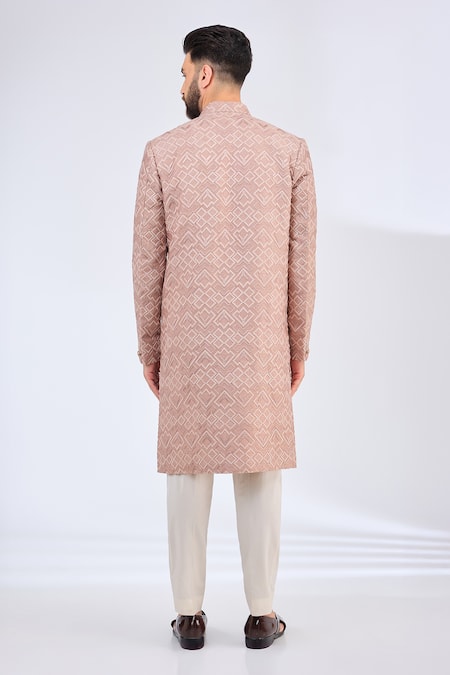 Shop_Kasbah_Pink Silk Geometric Embroidered Sherwani _at_Aza_Fashions