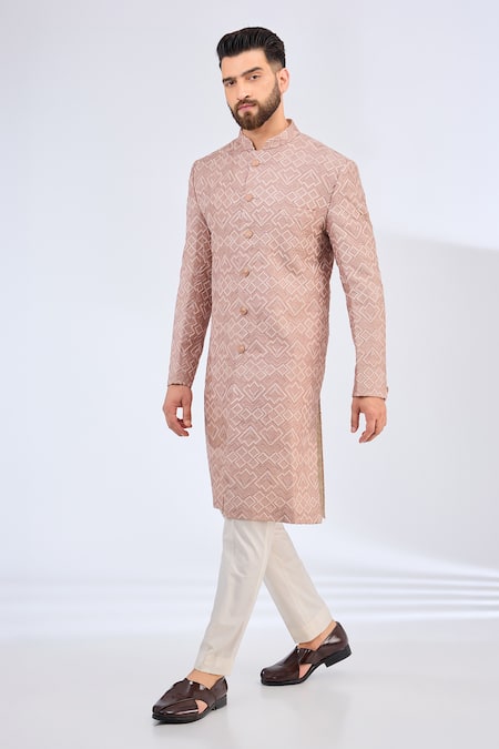 Kasbah_Pink Silk Geometric Embroidered Sherwani _Online_at_Aza_Fashions