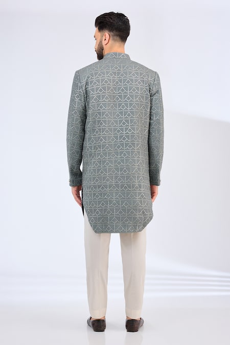 Kasbah Grey Silk Geometric Embroidered Sherwani 