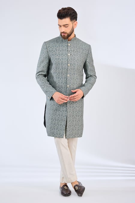 Kasbah_Gray Silk Embroidery Grey Geometric Sherwani _Online_at_Aza_Fashions