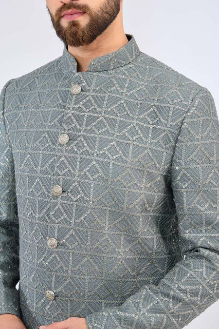 Buy_Kasbah_Gray Silk Embroidery Grey Geometric Sherwani _Online_at_Aza_Fashions