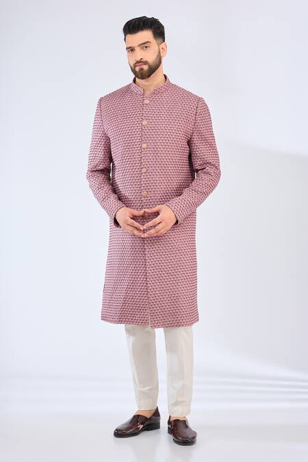 Kasbah_Purple Silk Tonal Butti Embroidered Sherwani _Online_at_Aza_Fashions