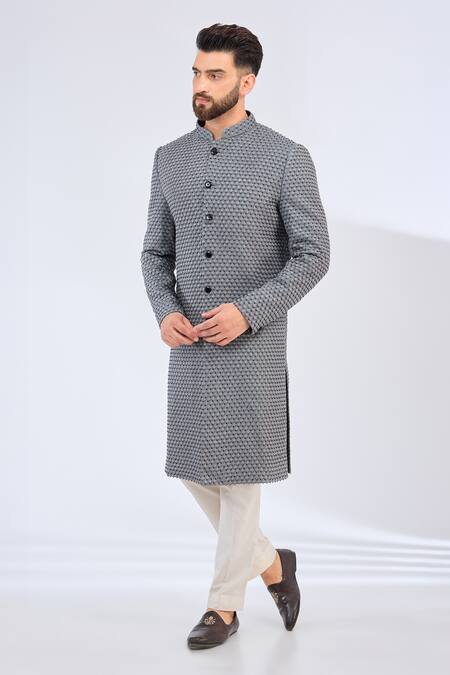 Kasbah_Gray Silk Embroidery Grey Butti Sherwani _Online_at_Aza_Fashions