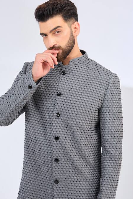 Buy_Kasbah_Gray Silk Embroidery Grey Butti Sherwani _Online_at_Aza_Fashions