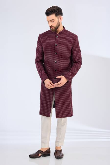 Kasbah_Wine Silk Tonal Butti Embroidered Sherwani _Online_at_Aza_Fashions