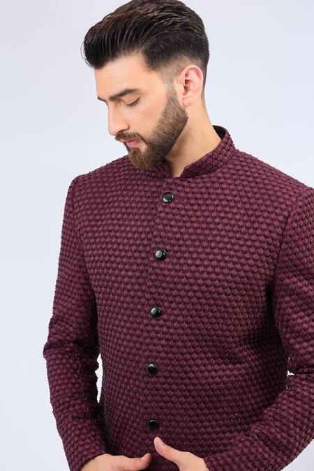 Buy_Kasbah_Wine Silk Tonal Butti Embroidered Sherwani _Online_at_Aza_Fashions