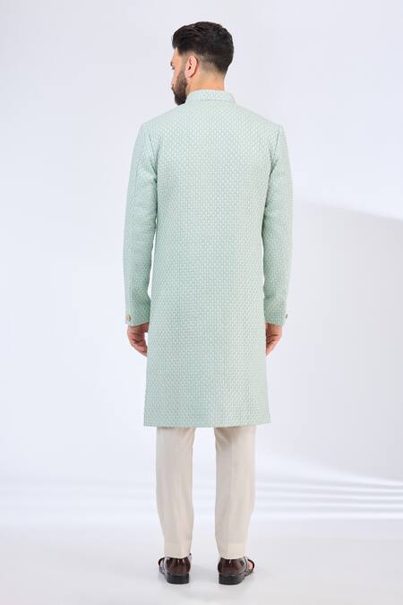Shop_Kasbah_Green Silk Embroidery Butti Sherwani _at_Aza_Fashions