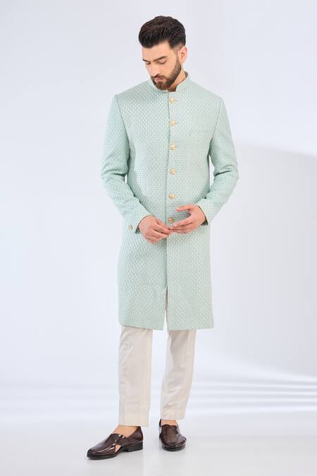 Kasbah_Green Silk Embroidery Butti Sherwani _Online_at_Aza_Fashions