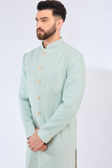 Buy_Kasbah_Green Silk Embroidery Butti Sherwani _Online_at_Aza_Fashions