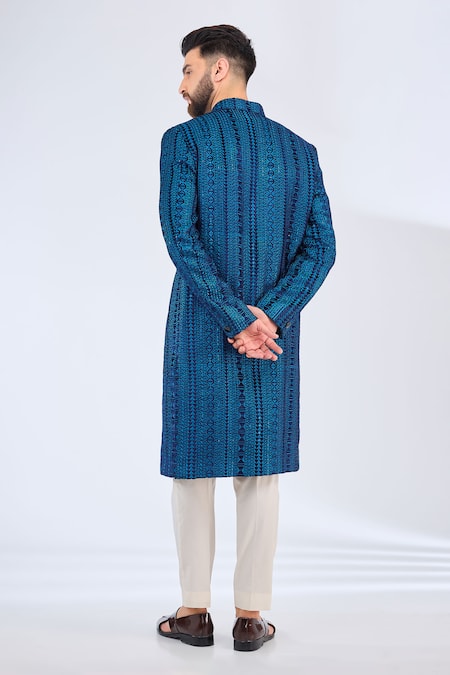 Kasbah Blue Velvet Geometric Embroidered Sherwani 