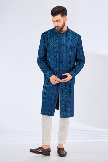 Kasbah Blue Velvet Embroidery Geometric Sherwani Online at Aza Fashions Kasbah_Blue Velvet Embroidery Geometric Sherwani _Online_at_Aza_Fashions