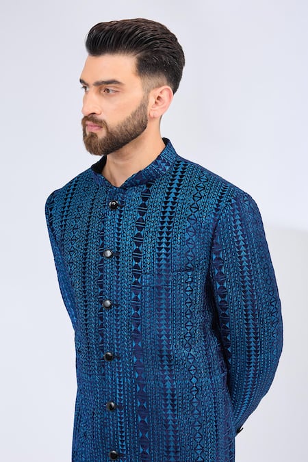 Buy Kasbah Blue Velvet Embroidery Geometric Sherwani Online at Aza Fashions Buy_Kasbah_Blue Velvet Embroidery Geometric Sherwani _Online_at_Aza_Fashions
