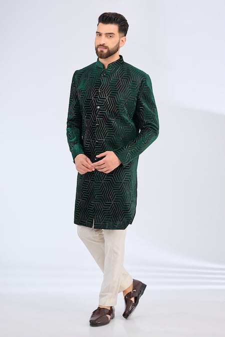 Kasbah_Green Velvet Embroidery Geometric Sherwani _Online_at_Aza_Fashions