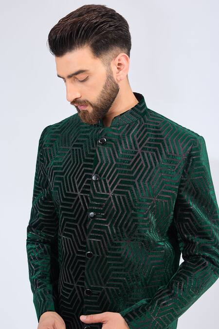Buy_Kasbah_Green Velvet Embroidery Geometric Sherwani _Online_at_Aza_Fashions