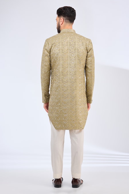 Shop_Kasbah_Green Silk Embroidery Geometric Sherwani _at_Aza_Fashions