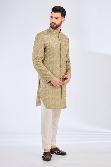 Kasbah_Green Silk Embroidery Geometric Sherwani _Online_at_Aza_Fashions