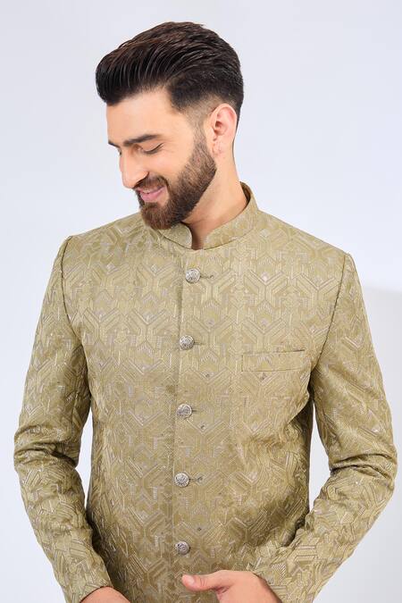 Buy_Kasbah_Green Silk Embroidery Geometric Sherwani _Online_at_Aza_Fashions