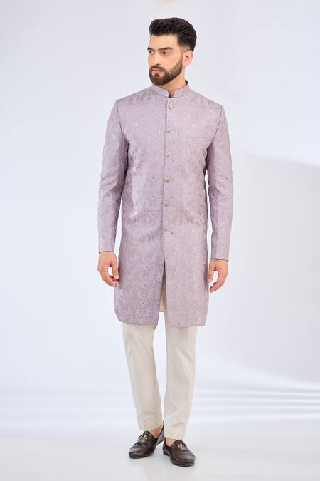 Kasbah_Purple Silk Embroidery Geometric Sherwani _Online_at_Aza_Fashions
