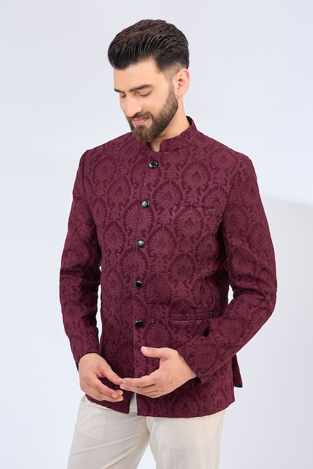 Kasbah Floral Chikankari Wine Bandhgala 