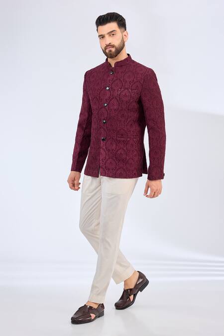 Kasbah_Wine Silk Embroidery Floral Chikankari Bandhgala _Online_at_Aza_Fashions