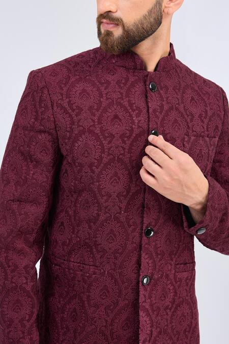 Buy_Kasbah_Wine Silk Embroidery Floral Chikankari Bandhgala _Online_at_Aza_Fashions