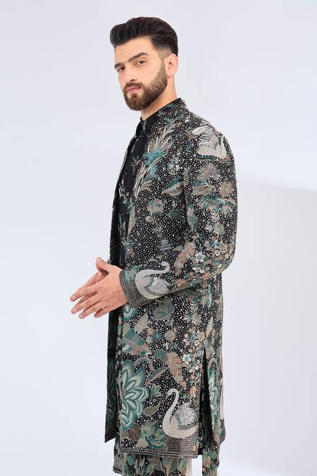 Kasbah Black Georgette Embroidery Flora And Fauna Sherwani Online at Aza Fashions Kasbah_Black Georgette Embroidery Flora And Fauna Sherwani _Online_at_Aza_Fashions