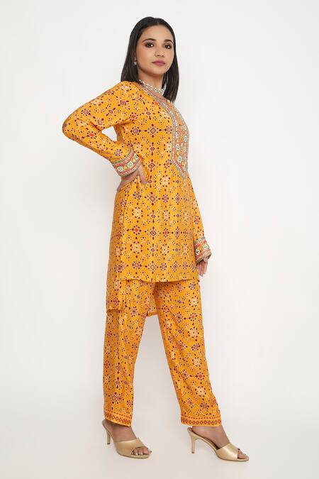 Buy Neha Mehra Orange Crepe Embroidery Round Neck Geometric Bloom Print Kurta Set Online at Aza Fashions Buy_Neha Mehra_Orange Crepe Embroidery Round Neck Geometric Bloom Print Kurta Set _Online_at_Aza_Fashions
