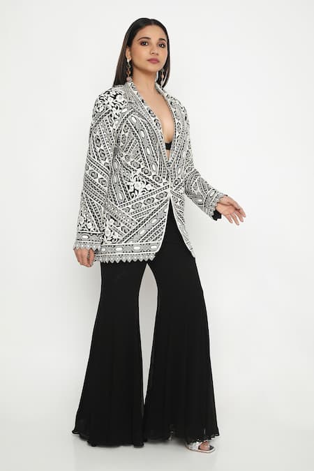 Buy Neha Mehra Black Crepe Embroidery V-neck Geometric Flora Blazer Set Online at Aza Fashions Buy_Neha Mehra_Black Crepe Embroidery V-neck Geometric Flora Blazer Set _Online_at_Aza_Fashions