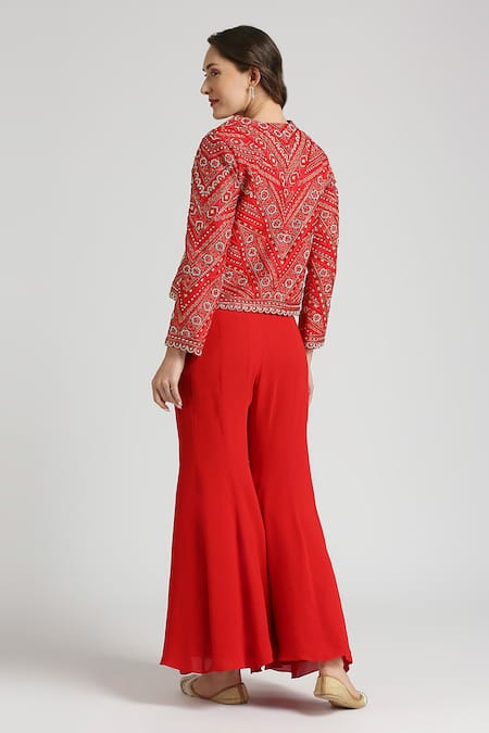 Shop Neha Mehra Red Crepe Embroidery Open Neck Geometric Vine Jacket Sharara Set at Aza Fashions Shop_Neha Mehra_Red Crepe Embroidery Open Neck Geometric Vine Jacket Sharara Set _at_Aza_Fashions