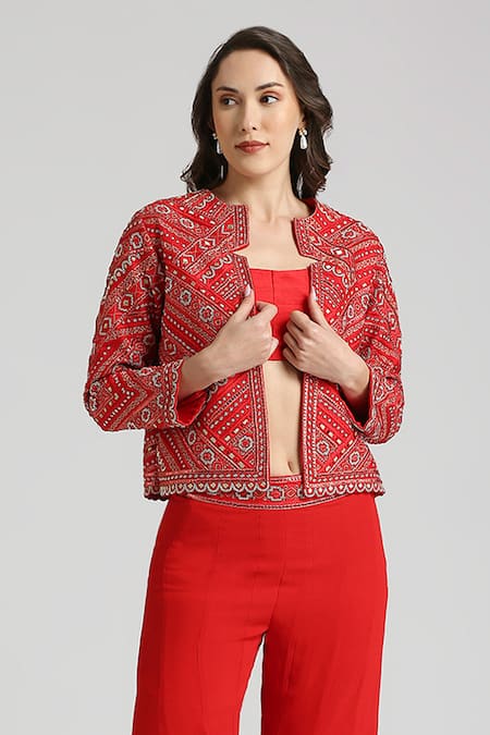 Neha Mehra Red Crepe Embroidery Open Neck Geometric Vine Jacket Sharara Set Online at Aza Fashions Neha Mehra_Red Crepe Embroidery Open Neck Geometric Vine Jacket Sharara Set _Online_at_Aza_Fashions