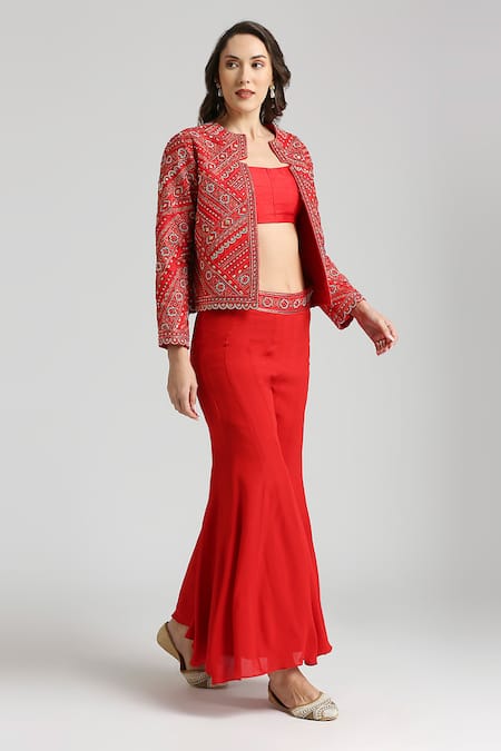 Shop Neha Mehra Red Crepe Embroidery Open Neck Geometric Vine Jacket Sharara Set Online at Aza Fashions Shop_Neha Mehra_Red Crepe Embroidery Open Neck Geometric Vine Jacket Sharara Set _Online_at_Aza_Fashions
