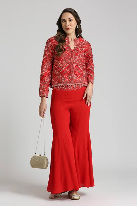 Neha Mehra Red Crepe Embroidery Open Neck Geometric Vine Jacket Sharara Set at Aza Fashions Neha Mehra_Red Crepe Embroidery Open Neck Geometric Vine Jacket Sharara Set _at_Aza_Fashions