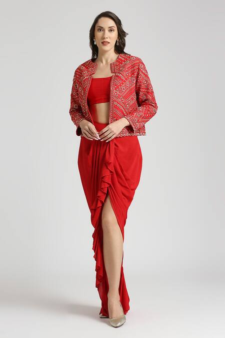Neha Mehra Red Crepe Embroidery, Ruffles Open Neck Geometric Vine Jacket And Skirt Set Online at Aza Fashions Neha Mehra_Red Crepe Embroidery, Ruffles Open Neck Geometric Vine Jacket And Skirt Set _Online_at_Aza_Fashions