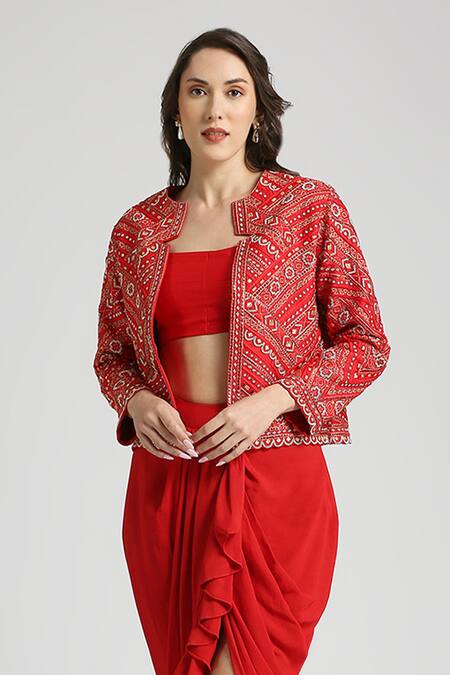 Buy Neha Mehra Red Crepe Embroidery, Ruffles Open Neck Geometric Vine Jacket And Skirt Set Online at Aza Fashions Buy_Neha Mehra_Red Crepe Embroidery, Ruffles Open Neck Geometric Vine Jacket And Skirt Set _Online_at_Aza_Fashions