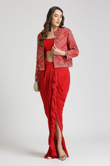 Shop Neha Mehra Red Crepe Embroidery, Ruffles Open Neck Geometric Vine Jacket And Skirt Set Online at Aza Fashions Shop_Neha Mehra_Red Crepe Embroidery, Ruffles Open Neck Geometric Vine Jacket And Skirt Set _Online_at_Aza_Fashions