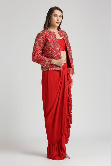 Neha Mehra Red Crepe Embroidery, Ruffles Open Neck Geometric Vine Jacket And Skirt Set at Aza Fashions Neha Mehra_Red Crepe Embroidery, Ruffles Open Neck Geometric Vine Jacket And Skirt Set _at_Aza_Fashions