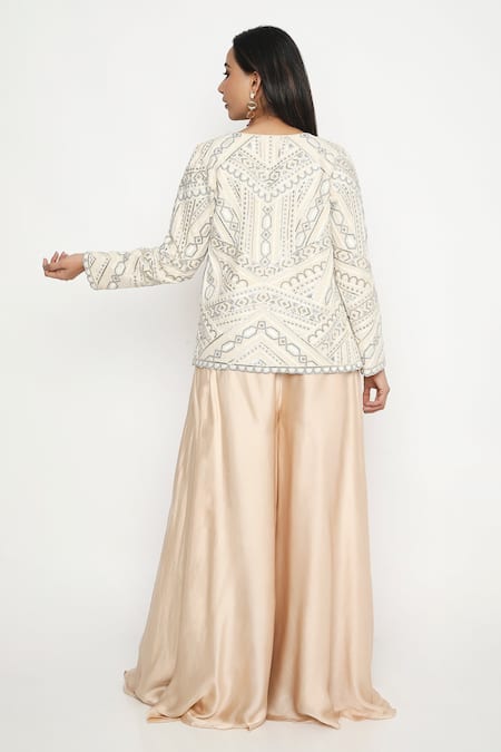 Shop Neha Mehra Ivory Crepe Embroidery Open Neck Ornate Vine Jacket And Pant Set at Aza Fashions Shop_Neha Mehra_Ivory Crepe Embroidery Open Neck Ornate Vine Jacket And Pant Set _at_Aza_Fashions