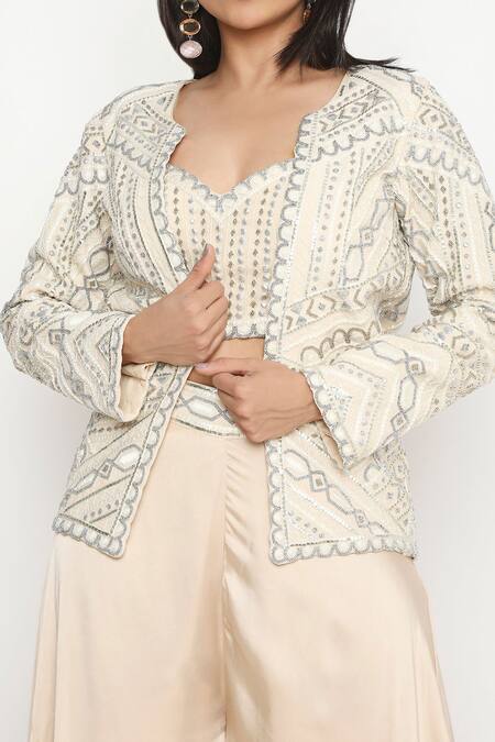 Neha Mehra Ivory Crepe Embroidery Open Neck Ornate Vine Jacket And Pant Set Online at Aza Fashions Neha Mehra_Ivory Crepe Embroidery Open Neck Ornate Vine Jacket And Pant Set _Online_at_Aza_Fashions