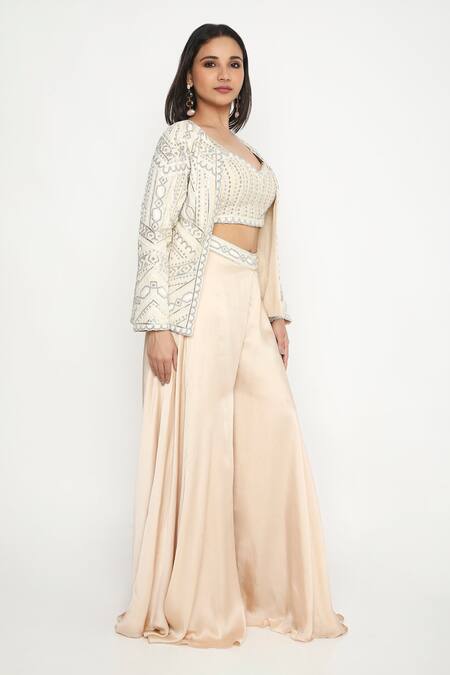 Shop Neha Mehra Ivory Crepe Embroidery Open Neck Ornate Vine Jacket And Pant Set Online at Aza Fashions Shop_Neha Mehra_Ivory Crepe Embroidery Open Neck Ornate Vine Jacket And Pant Set _Online_at_Aza_Fashions
