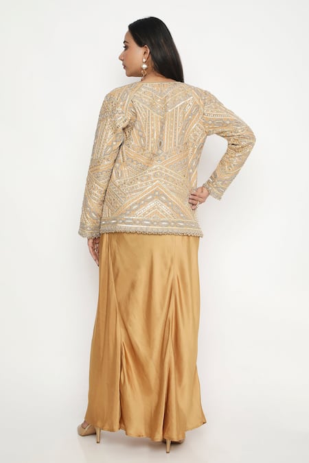 Shop Neha Mehra Gold Crepe Embroidery Open Neck Geometric Vine Bloom Jacket Set at Aza Fashions Shop_Neha Mehra_Gold Crepe Embroidery Open Neck Geometric Vine Bloom Jacket Set _at_Aza_Fashions