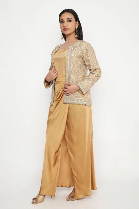 Neha Mehra Gold Crepe Embroidery Open Neck Geometric Vine Bloom Jacket Set Online at Aza Fashions Neha Mehra_Gold Crepe Embroidery Open Neck Geometric Vine Bloom Jacket Set _Online_at_Aza_Fashions