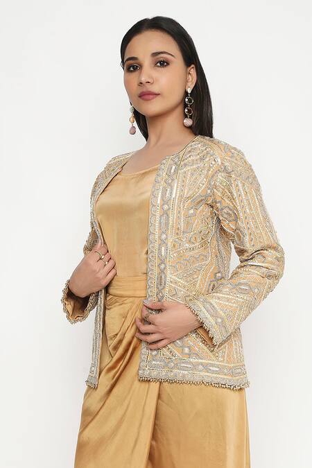 Buy Neha Mehra Gold Crepe Embroidery Open Neck Geometric Vine Bloom Jacket Set Online at Aza Fashions Buy_Neha Mehra_Gold Crepe Embroidery Open Neck Geometric Vine Bloom Jacket Set _Online_at_Aza_Fashions