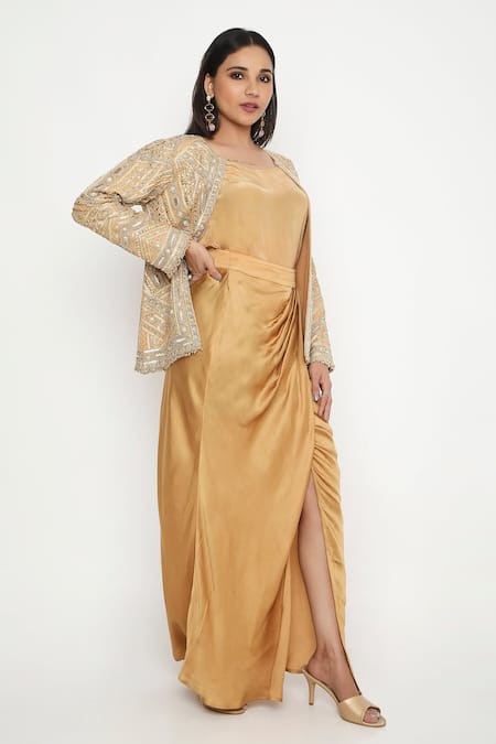 Shop Neha Mehra Gold Crepe Embroidery Open Neck Geometric Vine Bloom Jacket Set Online at Aza Fashions Shop_Neha Mehra_Gold Crepe Embroidery Open Neck Geometric Vine Bloom Jacket Set _Online_at_Aza_Fashions