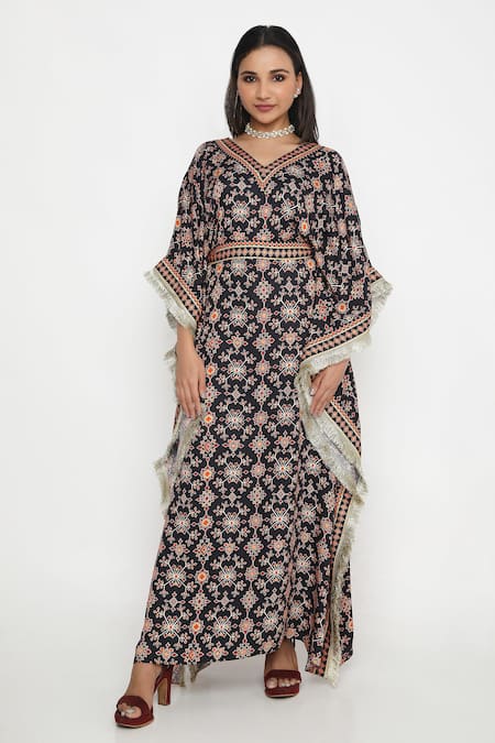 Neha Mehra Black Satin Embroidery, Lace V-neck Geometric Bloom Print Kaftan With Belt 