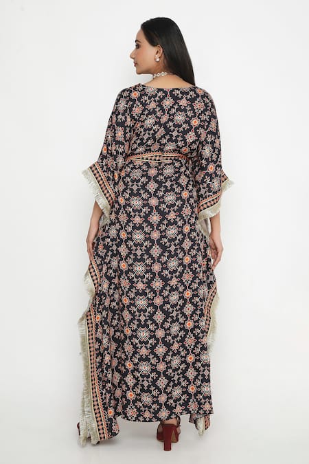 Shop Neha Mehra Black Satin Embroidery, Lace V-neck Geometric Bloom Print Kaftan With Belt at Aza Fashions Shop_Neha Mehra_Black Satin Embroidery, Lace V-neck Geometric Bloom Print Kaftan With Belt _at_Aza_Fashions