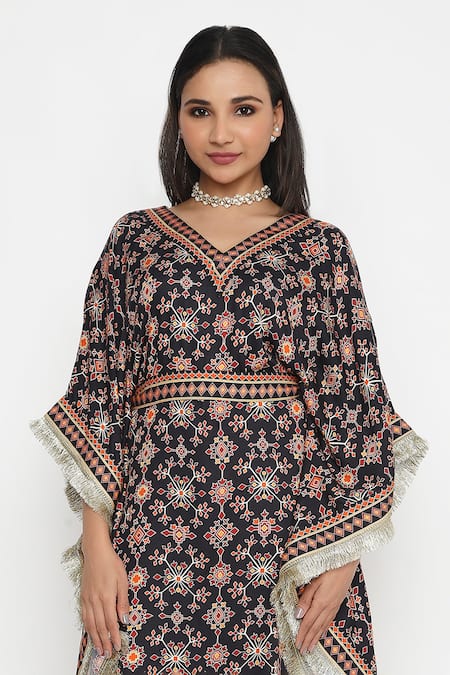 Buy Neha Mehra Black Satin Embroidery, Lace V-neck Geometric Bloom Print Kaftan With Belt Online at Aza Fashions Buy_Neha Mehra_Black Satin Embroidery, Lace V-neck Geometric Bloom Print Kaftan With Belt _Online_at_Aza_Fashions